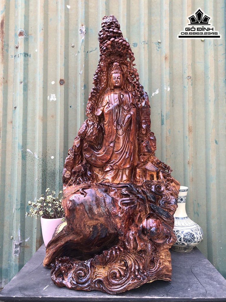 Tượng Phật Bà Quan Âm Gỗ Cẩm Cao 92 Ngang 50 Sâu 39 (cm)