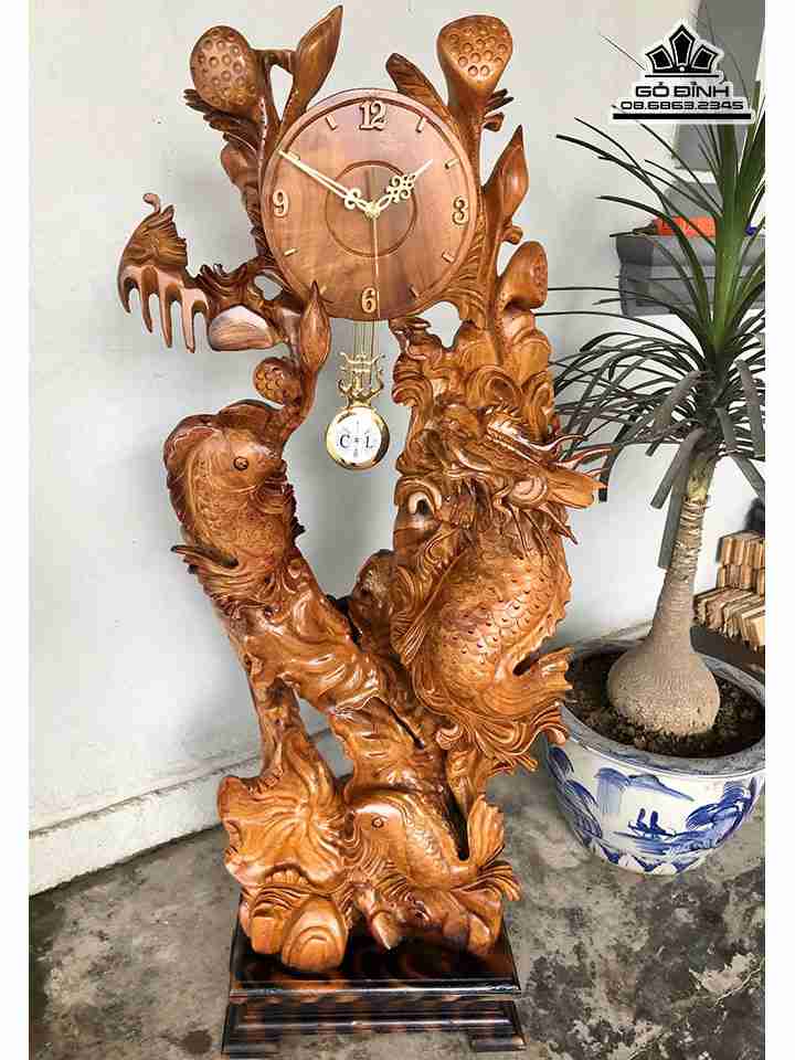 Đồng Hồ Cá Chép Hóa Rồng Gỗ Hương  Cao 115 Ngang 48 Sâu 25 (cm)