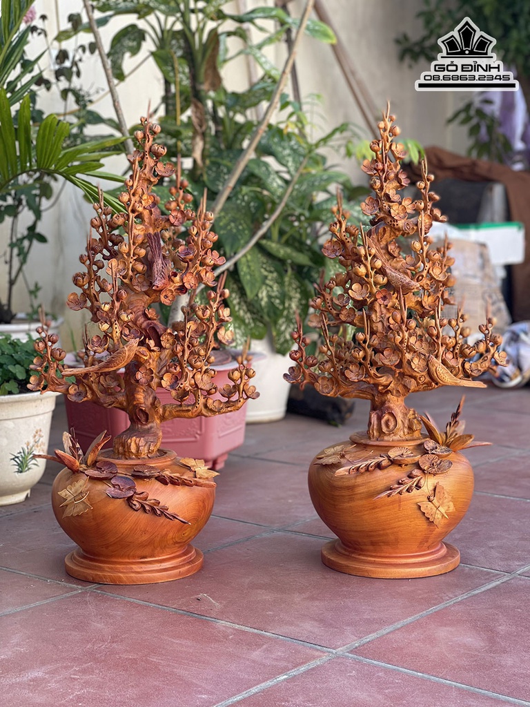 Cặp Bình Mai Điểu Gỗ Hương Cao 80 Ngang 40 Sâu 33 (cm)