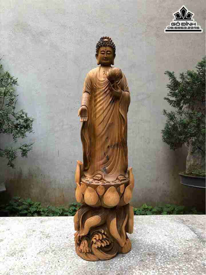 Tượng Phật A Di Đà Gỗ Bách Xanh  Cao 82 Ngang 23 Sâu 20 (cm)