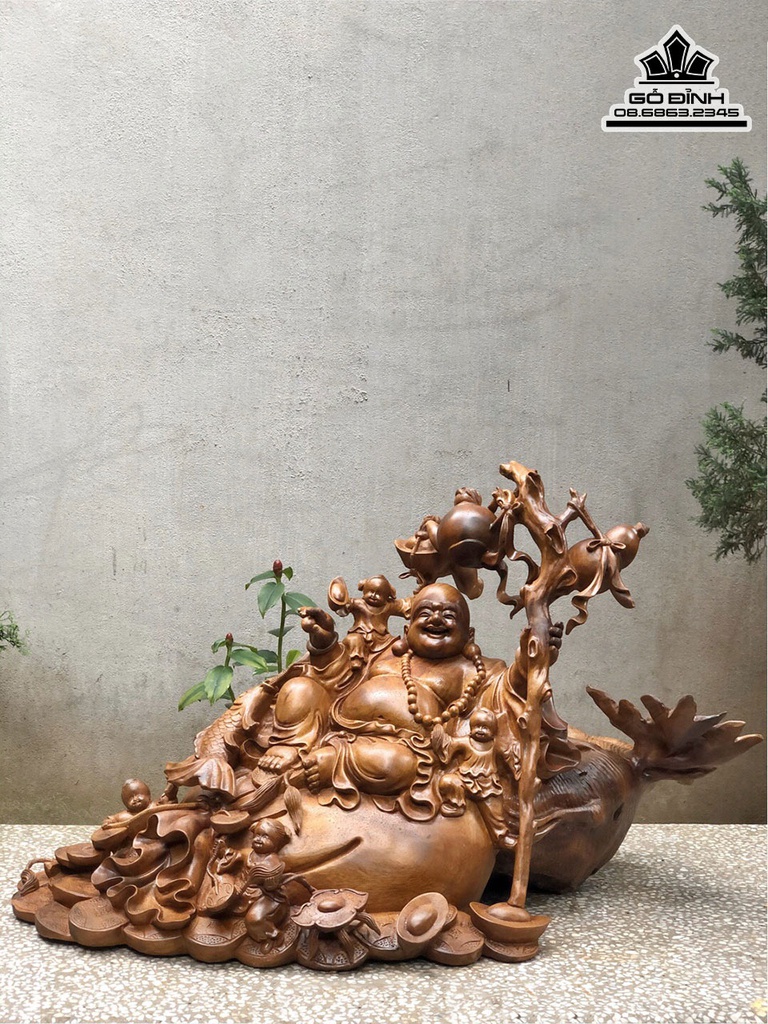 Tương Phật Di Lặc Ngôi Bao Tiền Gỗ Bách Xanh Cao 55 Ngang 90 Sâu 45 (cm)