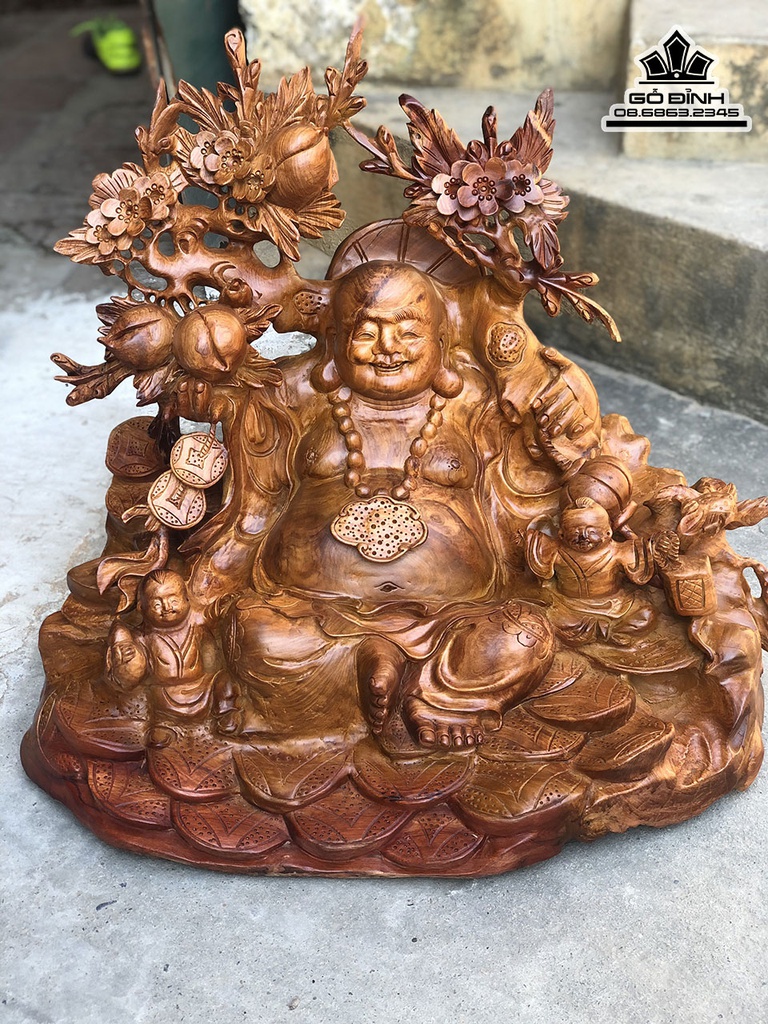 Tượng Phật Di Lặc Vác Cành Đào Gỗ Hương Việt Cao 55 Ngang 62 Sâu 38 (cm)