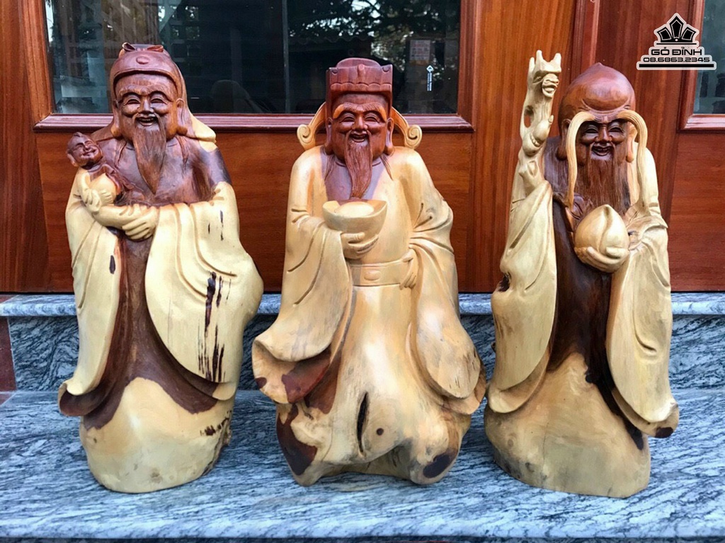 Tượng Phúc Lộc Thọ (Tam Đa) Gỗ Hương Việt Cao 50 Ngang 25 Sâu 20 (cm)