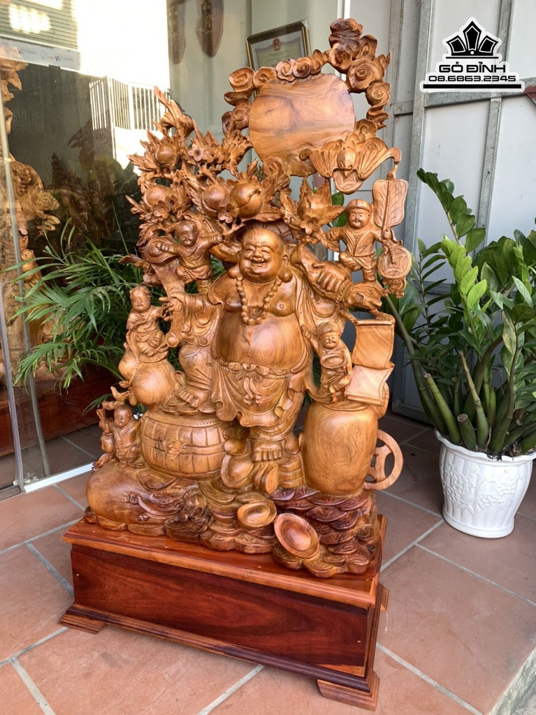 Tượng Phật Di Lặc Vác Cành Đào Gỗ hương Cao 109 Ngang 70 Sâu 28 Cả Kỷ 134 (cm)