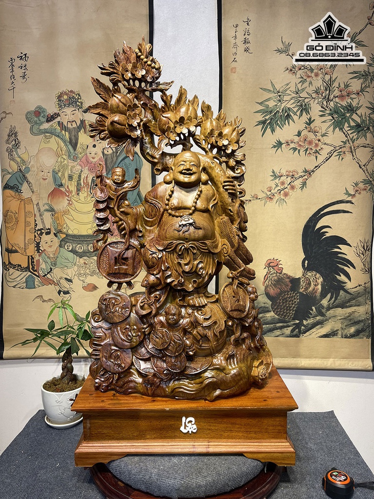 Tương Phật Di Lặc Vác Cành Đào Gỗ Bách Xanh Cao 85 Ngang 48 Sâu 30 (cm)