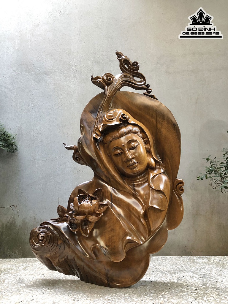Diện Quan Âm Gỗ Bách Xanh Cao 67 Ngang 48 Sâu 15 (cm)