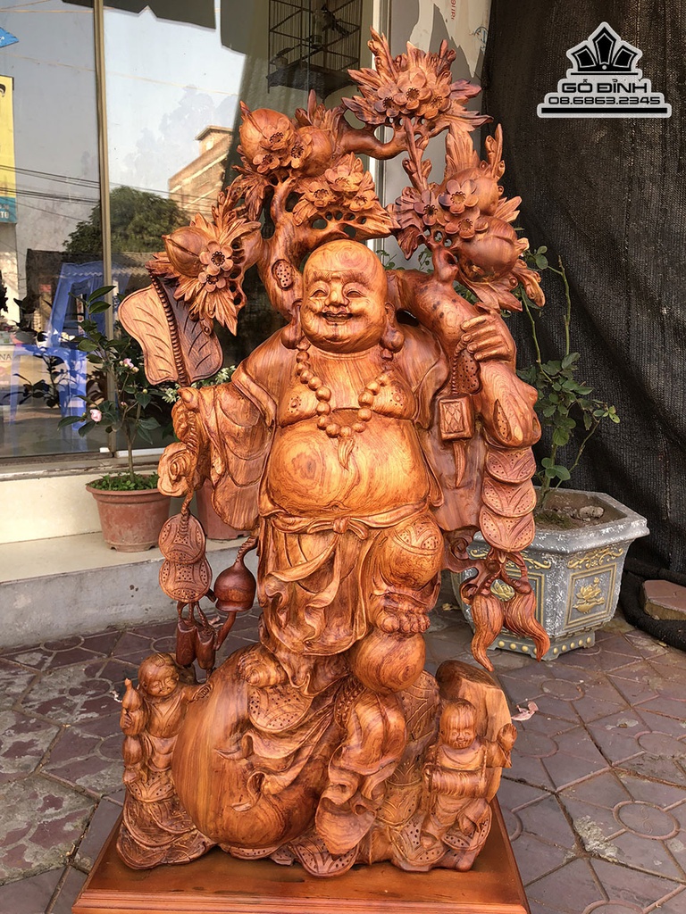 Tượng Phật Di Lặc Vác Cành Đào Gỗ Hương Cao 110 Ngang 47 Sâu 22 (cm)