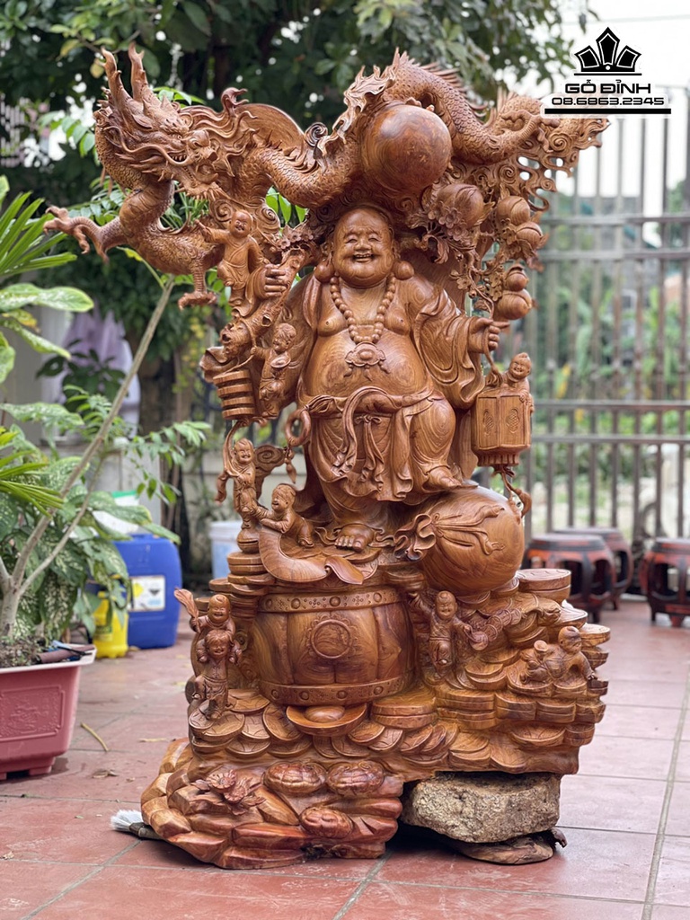 Tượng Phật Di Lặc Vác Cành Đào Gỗ Hương Việt Cao 160 Ngang 120-97 Sâu 60 (cm)