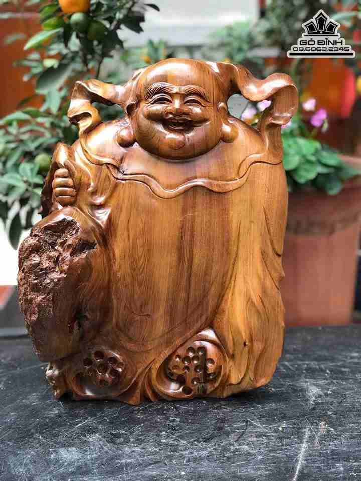 Tượng Phật Di Lặc Hoan Hỷ Gỗ Bách Xanh  Cao 35 Ngang 26 Sâu 19 (cm)