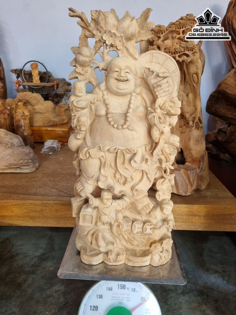 Tượng Phật Di Lặc Vác Đào Gỗ Ngọc Am Cao 85 Ngang 40 Sâu 25 (cm)