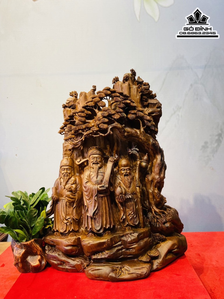 Tượng Phúc Lộc Thọ (Tam Đa) Gỗ Bách Xanh Cao 68 Ngang 51 Sâu 24 (cm)