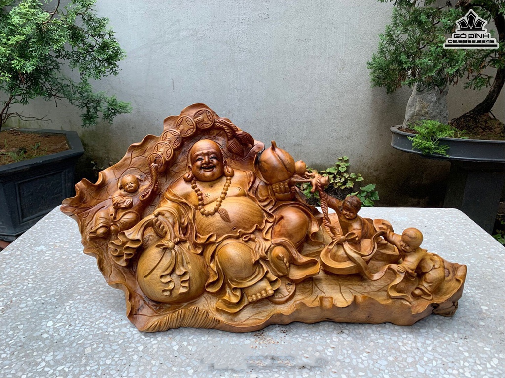 Tượng Phật Di Lặc Ngồi Lá Sen Gỗ Xá Xị (Gù Hương) Cao 35 Ngang 72 Sâu 28 (cm)