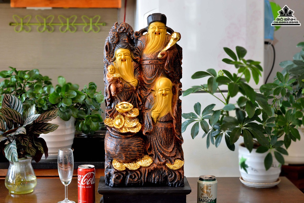 Tượng Phúc Lộc Thọ (Tam Đa) Gỗ Bách Xanh Cao 66 Ngang 26 Sâu 15 (cm)