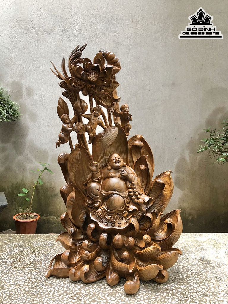 Tương Phật Di Lặc Ngồi Đài Sen Gỗ Bách Xanh Cao 80 Ngang 48 Sâu 35 (cm)