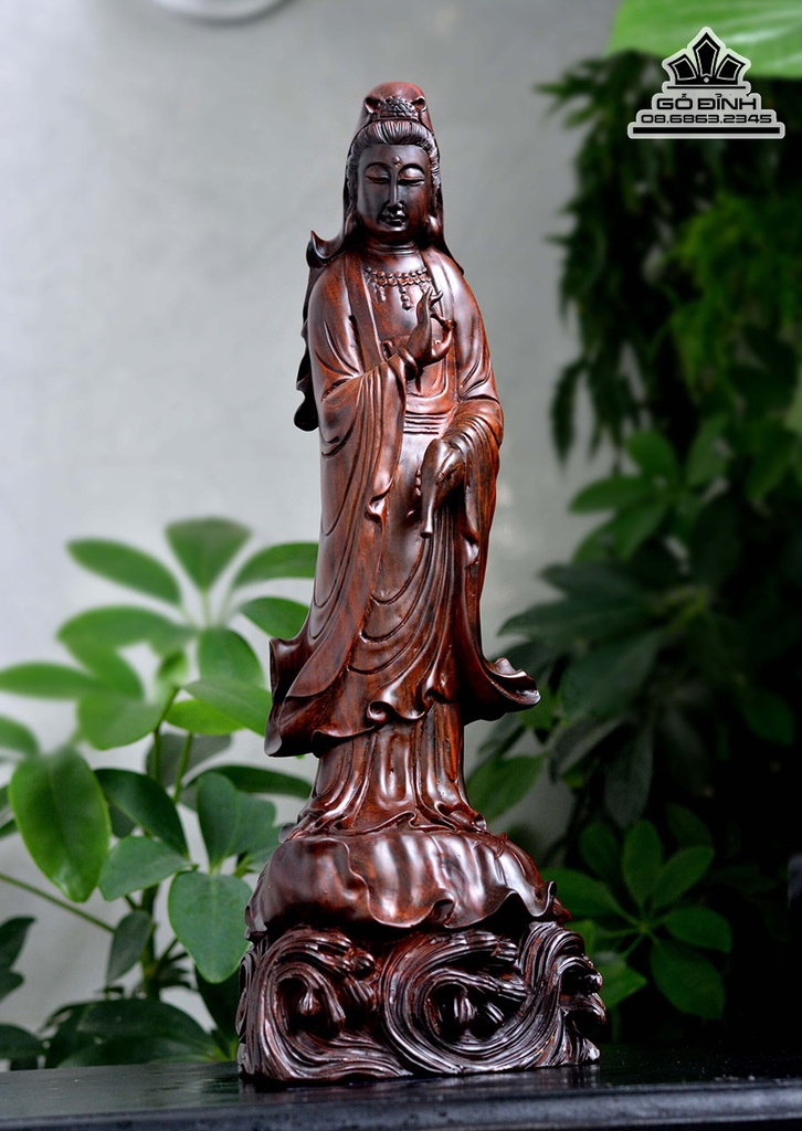 Tượng Phật Bà Quan Âm Gỗ Trắc Cao 37 Ngang 13 Sâu 10 (cm)