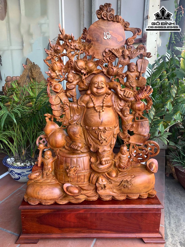 Tương Phật Di Lặc Vác Cành Đào Gỗ Hương Cao 115 Ngang 84 Sâu 26 Cả Kỷ 140 (cm)