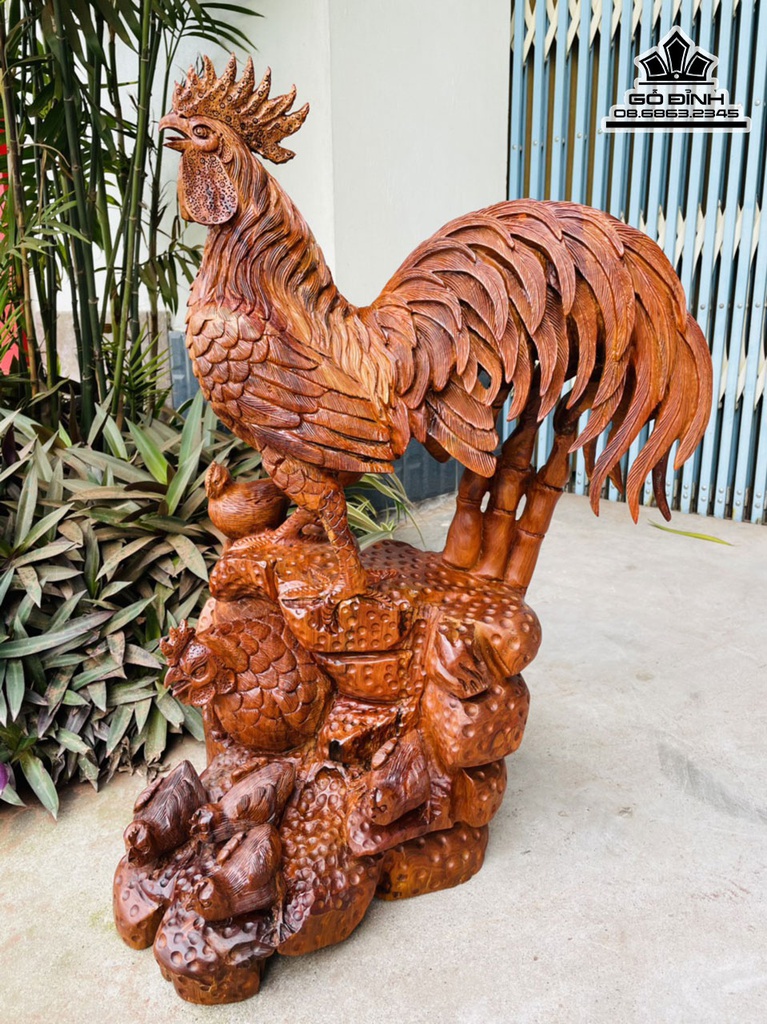 Tượng Gia Đình Gà Gỗ Hương Việt Cao 75 Ngang 50 Sâu 42 (cm)