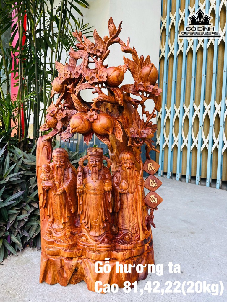 Tượng Phúc Lộc Thọ (Tam Đa) Gỗ Hương Việt Cao 81 Ngang 42 Sâu 22 (cm)