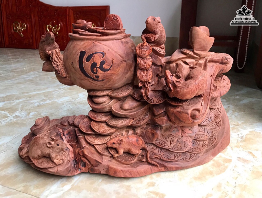 Tượng Chuột Tài Lộc Gỗ Hương Cao 38 Ngang 62 Sâu 25 (cm)