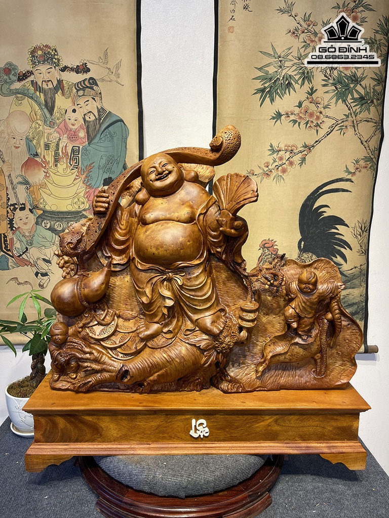 Tượng Phật Di Lặc Vác Gậy Như Ý Gỗ Ngọc Am Cao 60 Ngang 70 Sâu 26 Cả Kỷ 75 (cm)