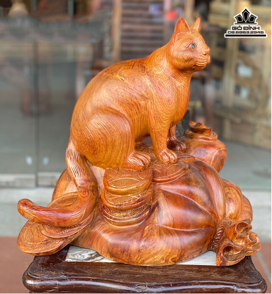 Tượng Mèo Gỗ Hương Việt Cao 40 Ngang 45 Sâu 33 (cm)