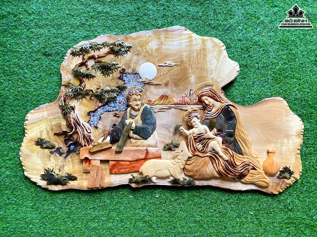 Tranh Gia Đình Thánh Gia Gỗ Găng Bầu Cao 65 Ngang 115 Dày 2 (cm)