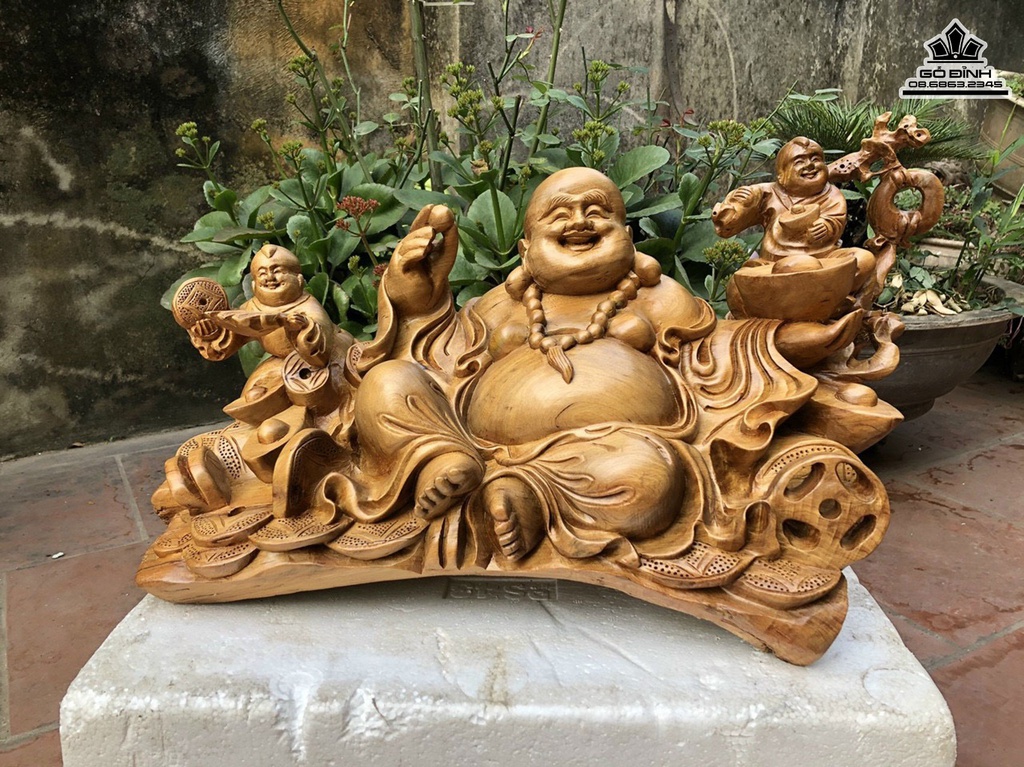 Tượng Phật Di Lặc Nhị Phúc Gỗ Bách Xanh Cao 31 Ngang 58 Sâu 28 (cm)