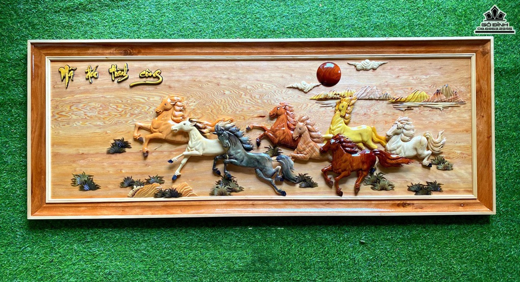 Tranh Bát Mã Gỗ Pơ Mu Cao 64 Ngang 166 Dày 1.5 (cm)