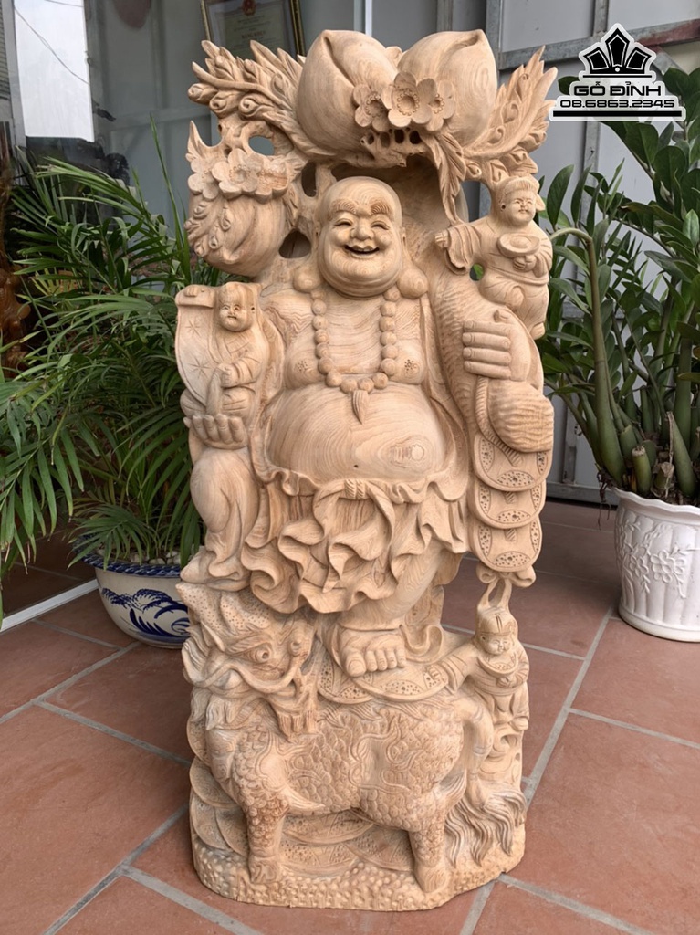 Tượng Phật Di Lặc Vác Cành Đào Gỗ Ngọc Am Cao 95 Ngang 43 Sâu 22 (cm)