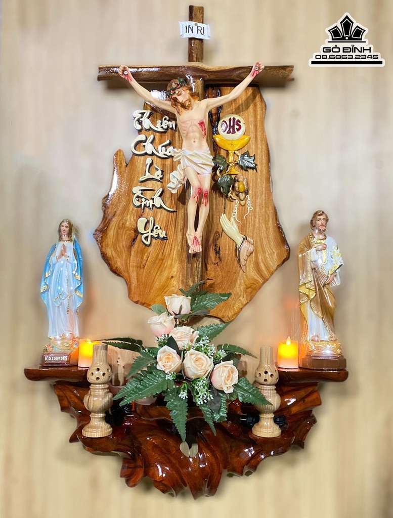 Bàn Thờ Cồng Giáo Gỗ Hương Cao 135 Ngang 80 Tượng 40 (cm)