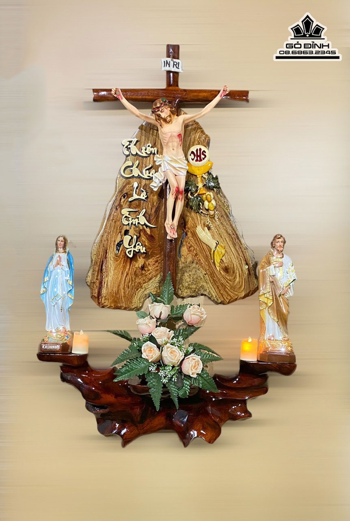 Bàn Thờ Cồng Giáo Gỗ Hương Cao 130 Ngang 80 Tượng 40 (cm)