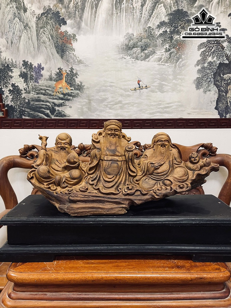 Tượng Phúc Lộc Thọ (Tam Đa) Gỗ Bách Xanh Cao 22 Ngang 50 Sâu 16 (cm)