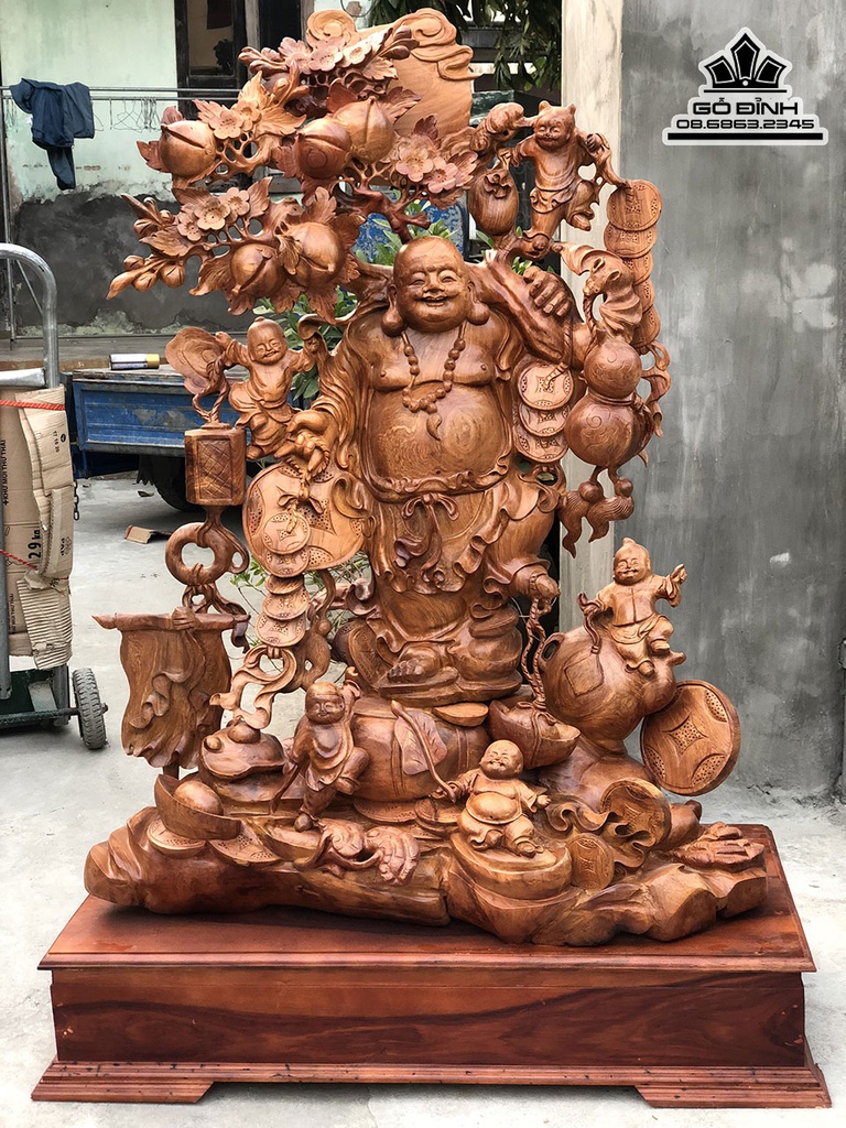 Tượng Phật Di Lặc Vác Cành Đào Gỗ Hương Cao 130 Ngang 105 Sâu 50 (cm)
