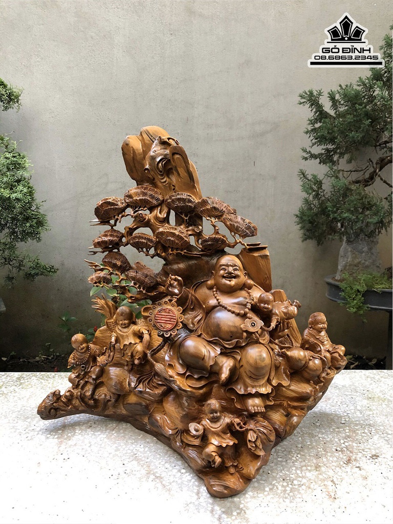 Tượng Phật Di Lặc Ngũ Phúc Gỗ Bách Xanh Cao 68 Ngang 70 Sâu 30 (cm)