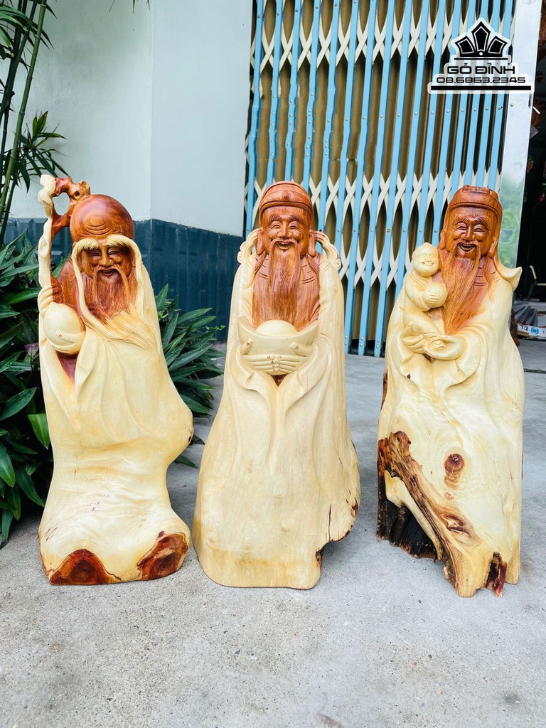 Tượng Phúc Lộc Thọ (Tam Đa) Gỗ Hương Việt Cao 50 Ngang 22 Sâu 20 (cm)