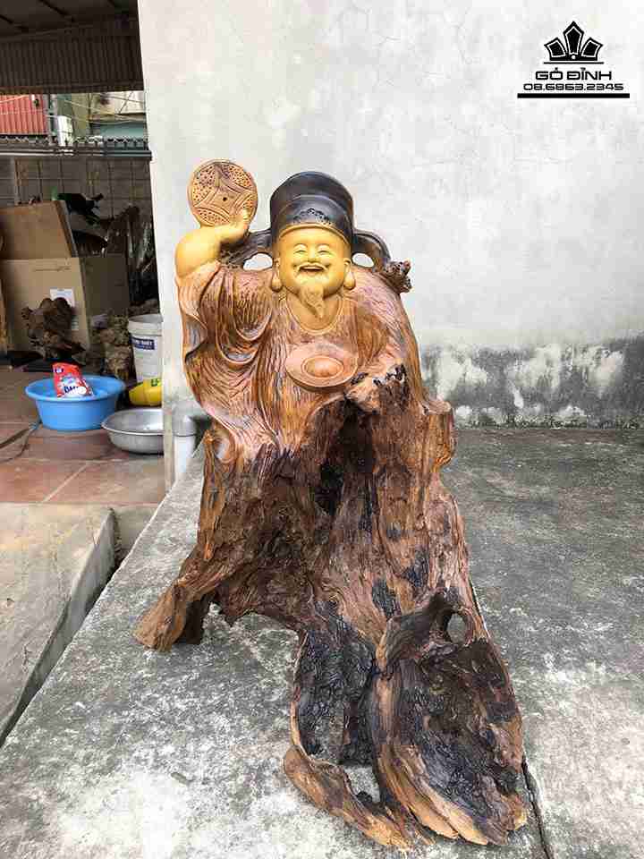 Tượng Thần Tài Gỗ Lũa Bách Xanh  Cao 64 Ngang 50 Sâu 23 (cm)