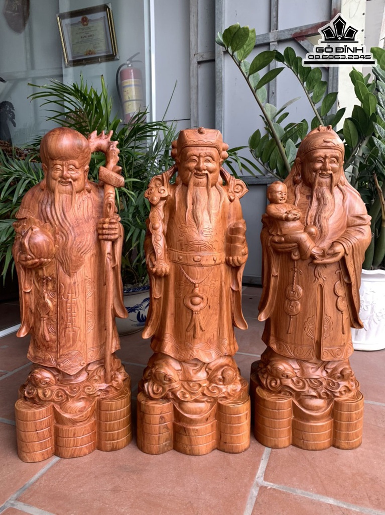 Tượng Phúc Lộc Thọ (Tam Đa) Gỗ Hương Đá Cao 70 Ngang 26 sâu 22 (cm0