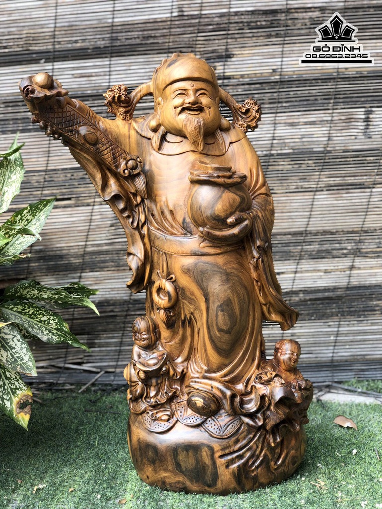 Tượng Thần Tài Gỗ Bách Xanh Cao 62 Ngang 28 Sâu 16 (cm)