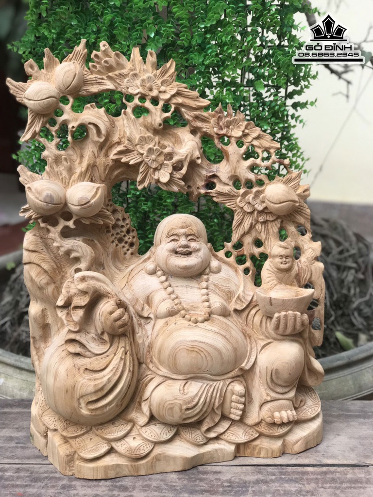 Tượng Phật Di Lặc Ngồi Gốc Đào Gỗ Ngọc Am Cao 58 Ngang 43 Sâu 16 (cm)