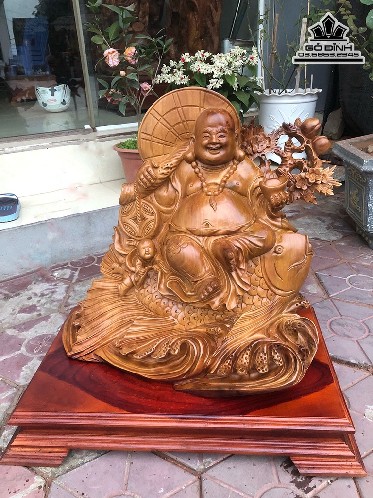 Tượng Phật Di Lặc Ngồi Cá Chép Gỗ Hương Cao 55 ngang 55 Sâu 32 (cm)