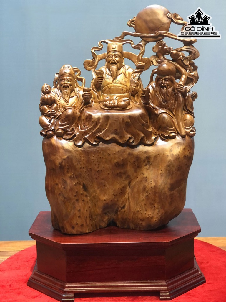 Tượng Phúc Lộc Thọ (Tam Đa) Gỗ Ngọc Am Cao 61 Ngang 42 Sâu 23 Cả Kỷ 76 (cm)