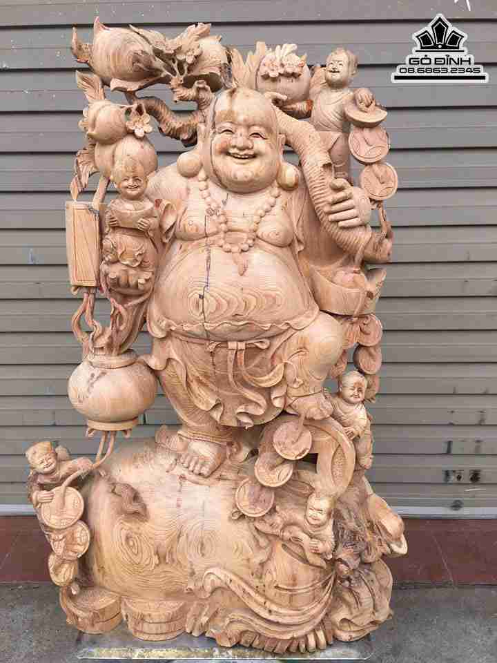 Tượng Phật Di Lặc Vác Cành Đào Gỗ Ngọc Am  Cao 88 Rộng 60 Sâu 40 (cm)