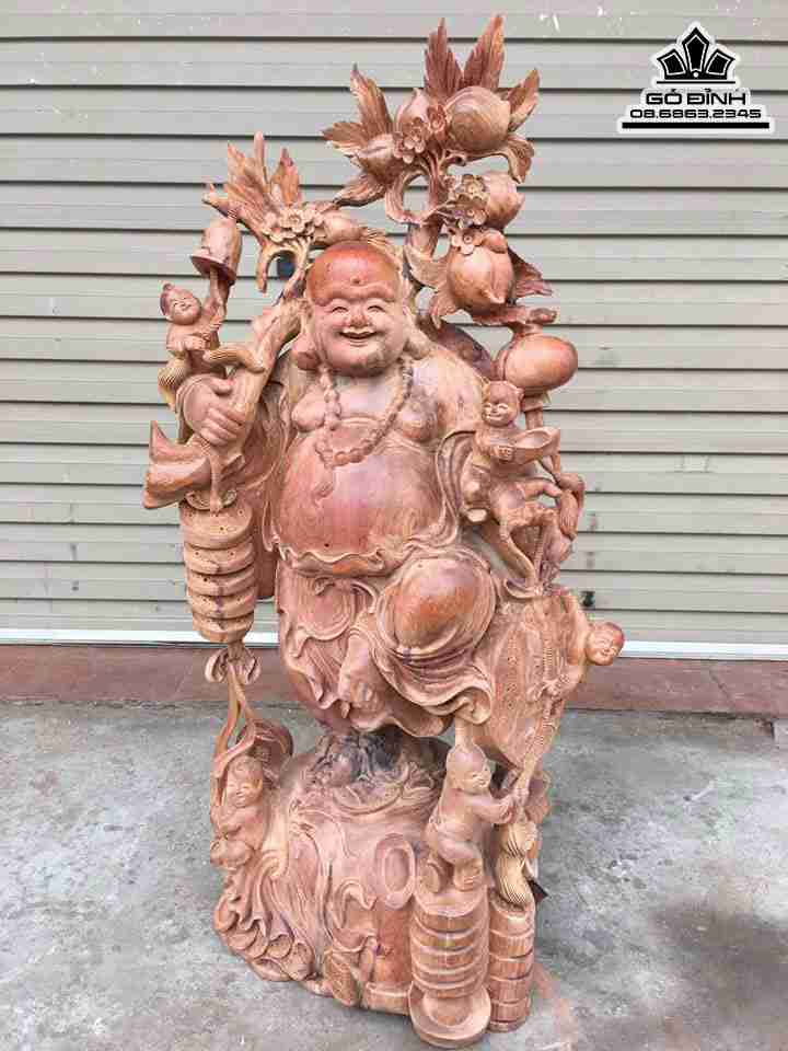 Tượng Phật Di Lặc Vác Cành Đào Gỗ Hương  Cao 120 Rộng 65 Sâu 43 (cm)