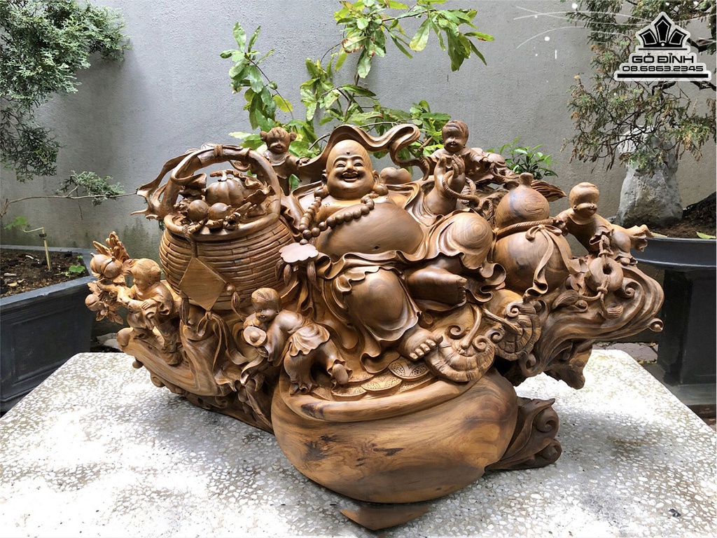 Tượng Phật Di Lặc Gỗ Bách Xanh Cao 50 Ngang 90 Sâu 40 (cm)