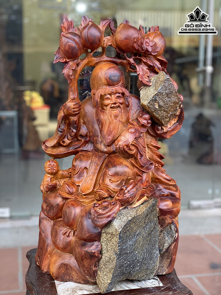 Tượng Cụ Thọ Tiên Gỗ Hương Ôm Đá Cao 62 Ngang 36 Sâu 38 (cm)