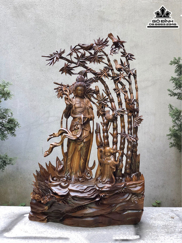 Tượng Phật Quan Âm Gỗ Bách Xanh Cao 90 Ngang 52 Sâu 30 (cm)