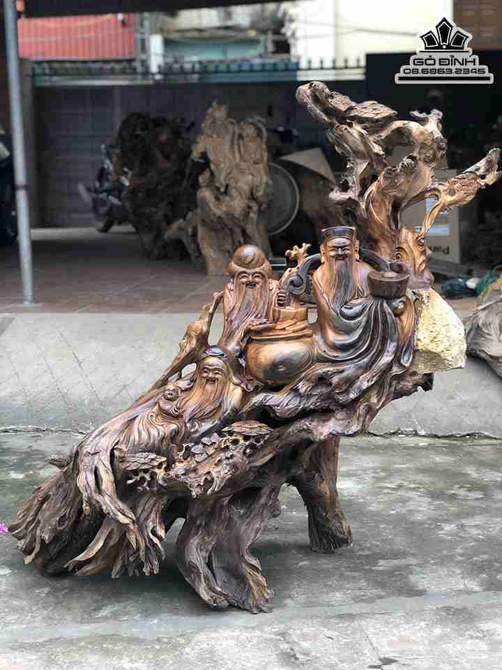 Tượng Tam Đa Phúc Lộc Thọ Gỗ Lũa Bách Xanh  Cao 118 Ngang 150 Sâu 50 (cm)