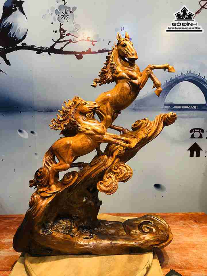 Tượng Song Mã Uyên Ương Gỗ Hương  Cao 75 Rộng 60 Sâu 20 (cm)