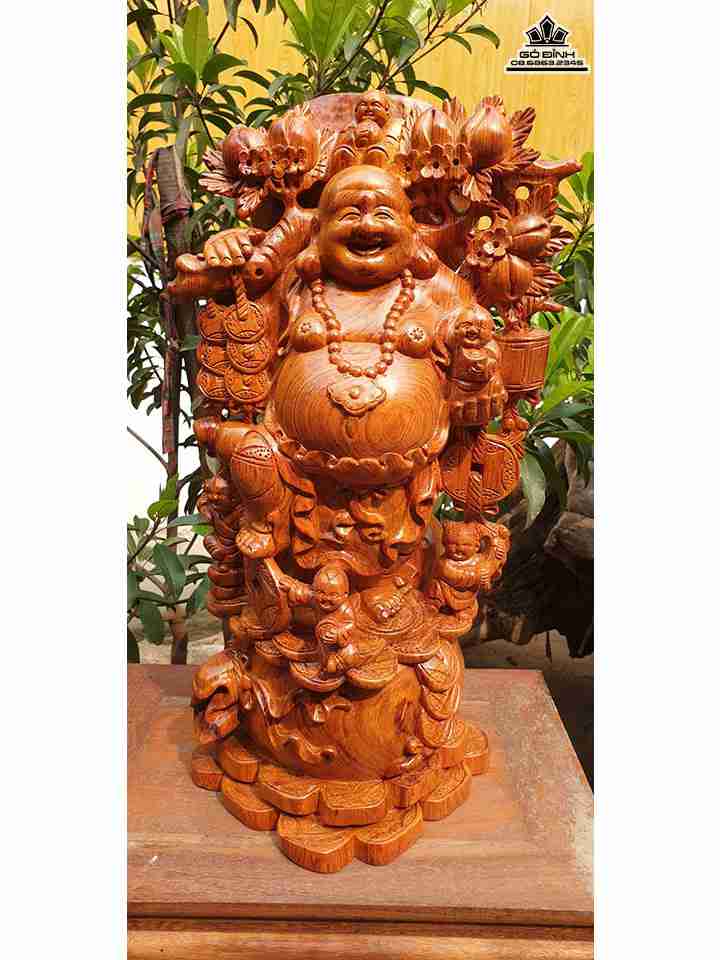 Tượng Phật Di Lặc Vác Cánh Đào Gỗ Hương  Cao 60 Ngang 30 Sâu 27 (cm)