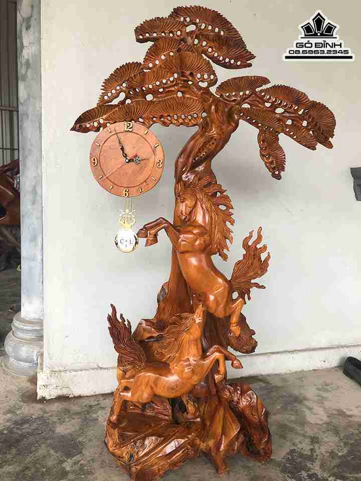 Tượng Song Mã Uyên Ương Gỗ Hương  Cao 125 Ngang 75 Sâu 33 (cm)